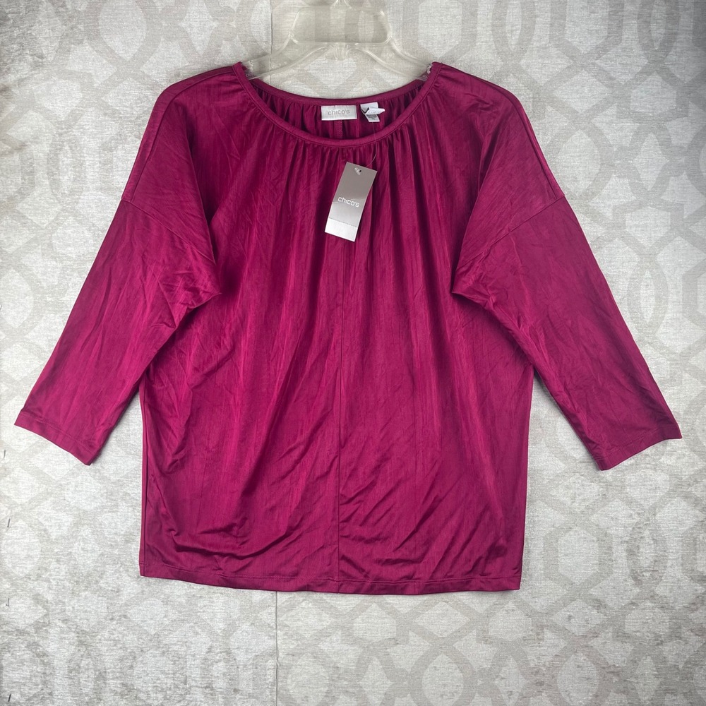 Chico's Tukana Raspberry Pink Womens Size 1 Medium 3/4 Sleeve Pleated Blouse NWT